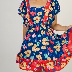 White Birch Empire Waist Flutter Sleeve Open Tie Back Floral Mini Dress 1X New